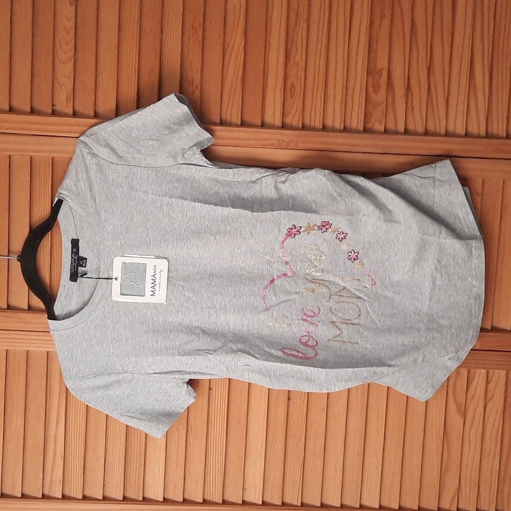 Mama Mia Maternity NWT Grey I Love You Mom Crew Neck Short Sleeve Side Ruched XS